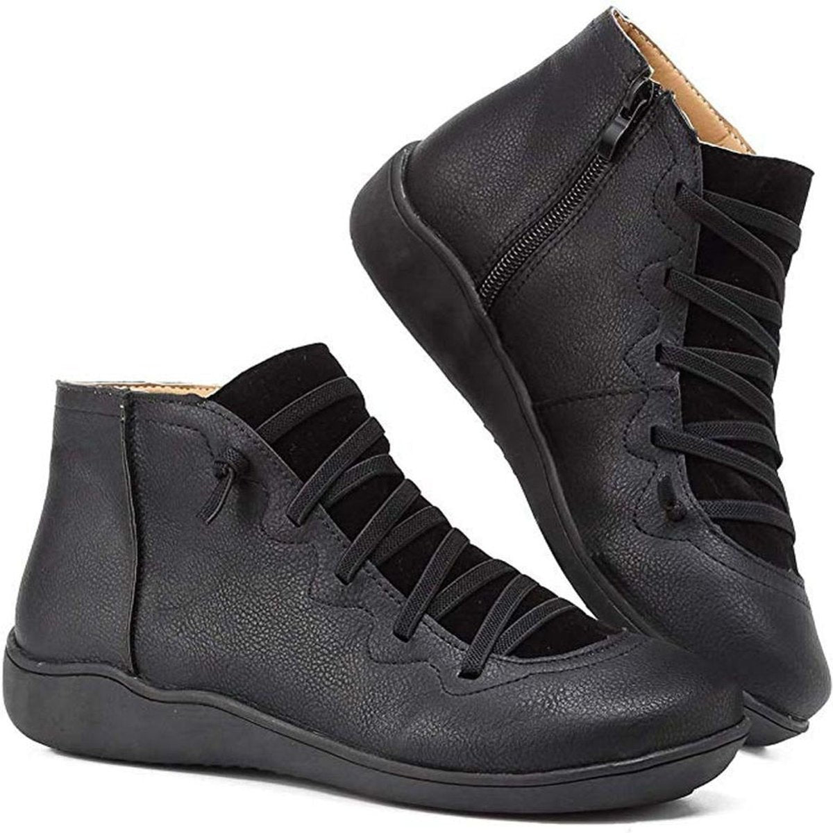 Women's Flat Lace-Up Side-Zip Faux Leather Ankle Boots - Black