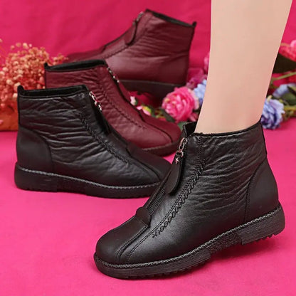 Women's Fleece-Lined Zip-Up Slip-Resistant Leather Ankle Boots