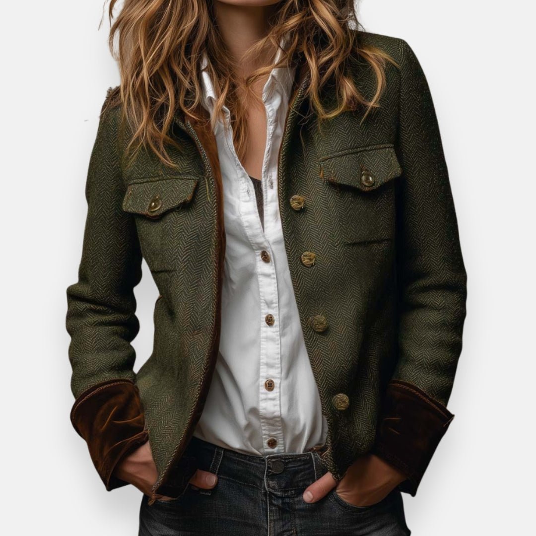 Women's herringbone structured button-front jacket by Christine Brewer, showcasing a classic herringbone pattern and tailored fit.