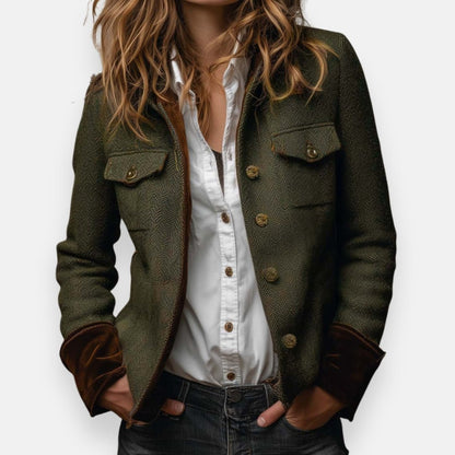 Women's herringbone structured button-front jacket by Christine Brewer, showcasing a classic herringbone pattern and tailored fit.