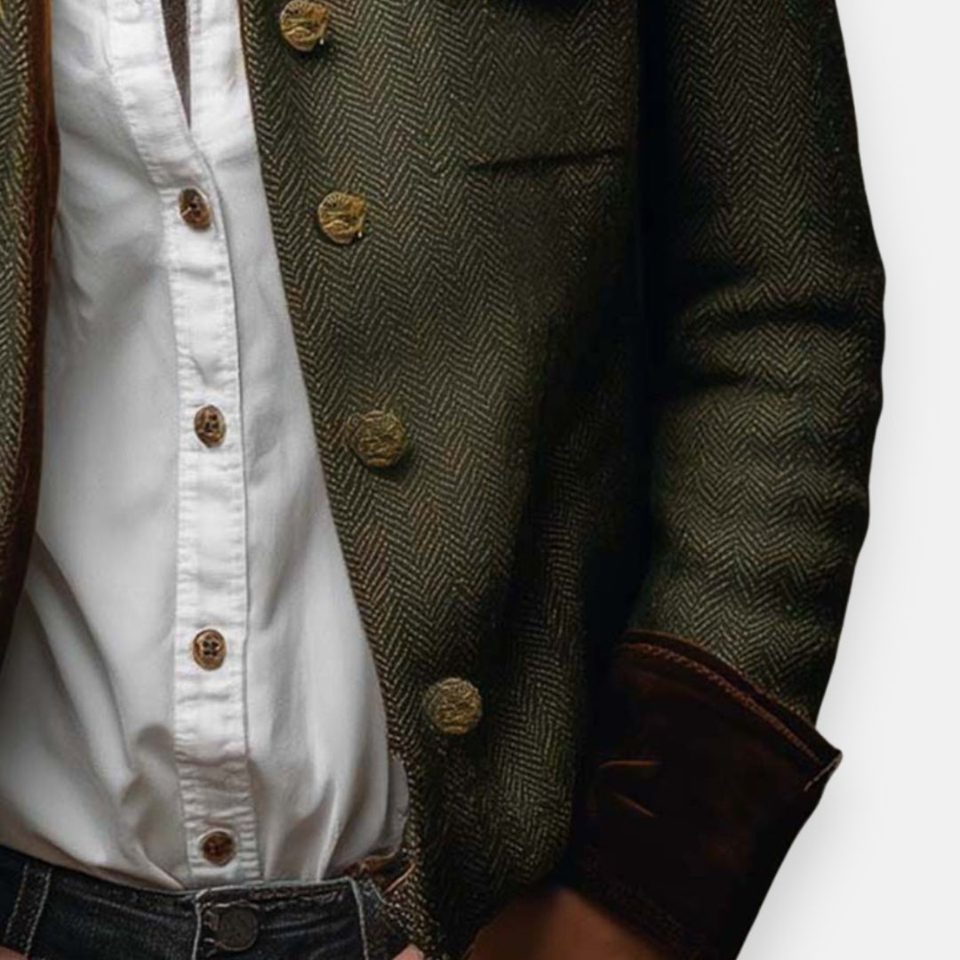 Women's herringbone structured button-front jacket by Christine Brewer, featuring a classic pattern and tailored fit.