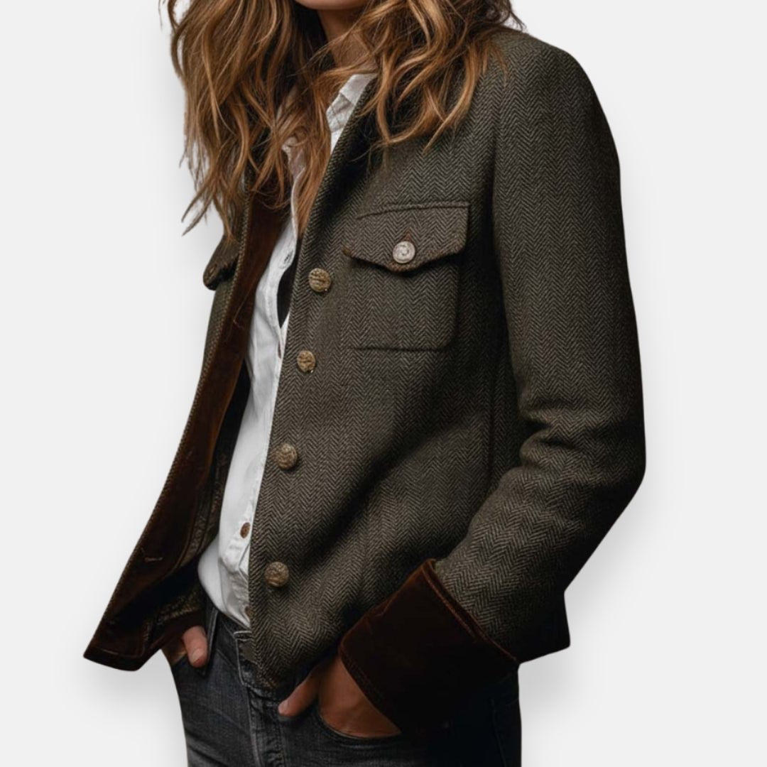 Women's herringbone structured button-front jacket by Christine Brewer, featuring a classic herringbone pattern and tailored fit.