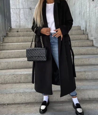 Women's Long Lapel Double-Button Front Coat - Black
