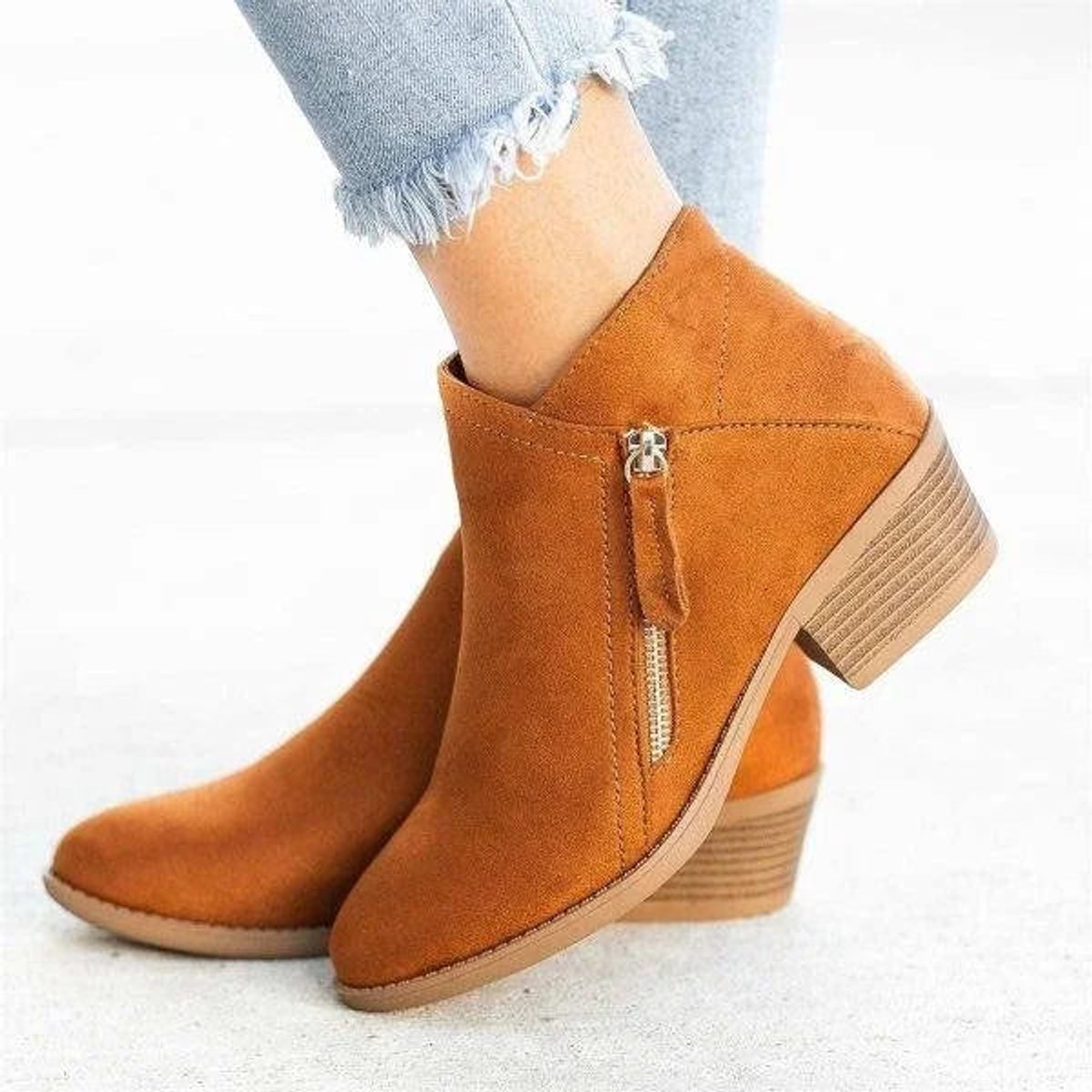 Women's Low-Heel Side-Zip Suede Ankle Boots - Orange