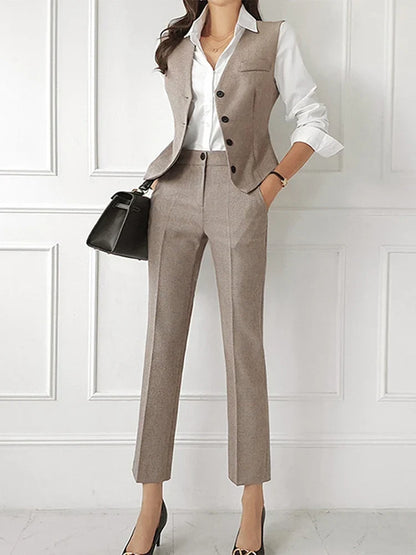 Dames Driedelig Pakje met Blazer, Vest en Broek Khaki
