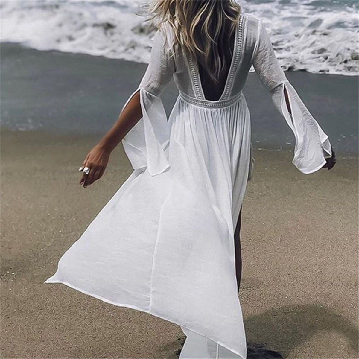 Dames A-lijn Maxi Jurk – Open Rug, Flared Mouwen, Geschikt voor Zomer en Strandgebruik