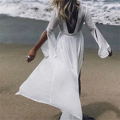 Dames A-lijn Maxi Jurk – Open Rug, Flared Mouwen, Geschikt voor Zomer en Strandgebruik