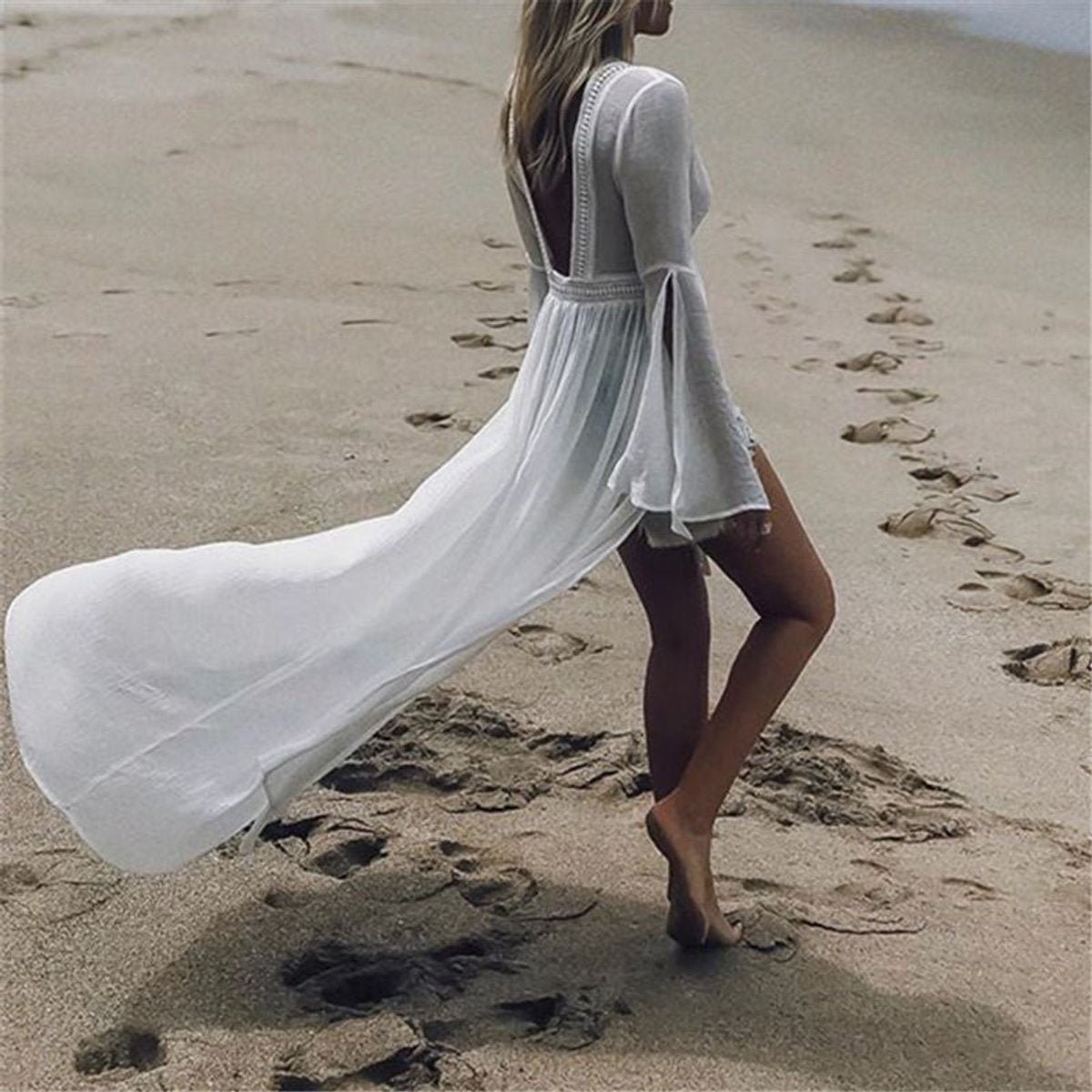 Dames A-lijn Maxi Jurk – Open Rug, Flared Mouwen, Geschikt voor Zomer en Strandgebruik