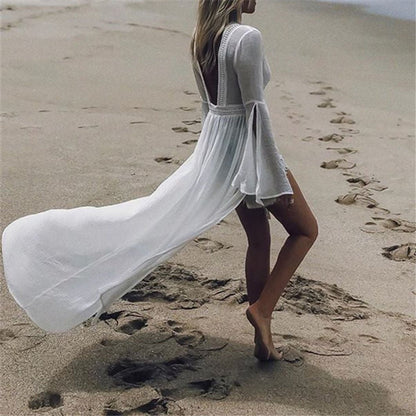 Dames A-lijn Maxi Jurk – Open Rug, Flared Mouwen, Geschikt voor Zomer en Strandgebruik