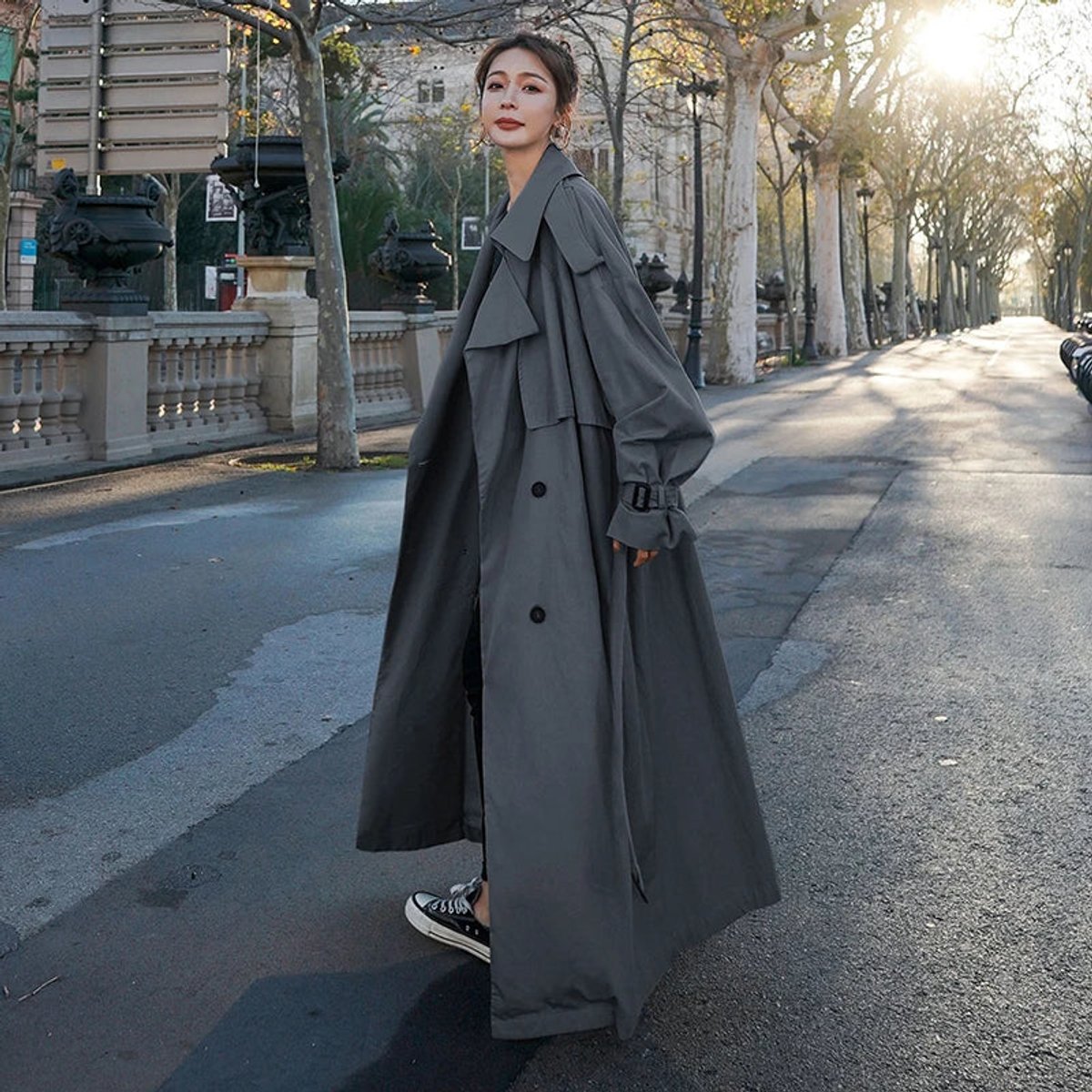 Emily women's oversized double-breasted longline trench coat by Christine Brewer, shown in a stylish longline design.