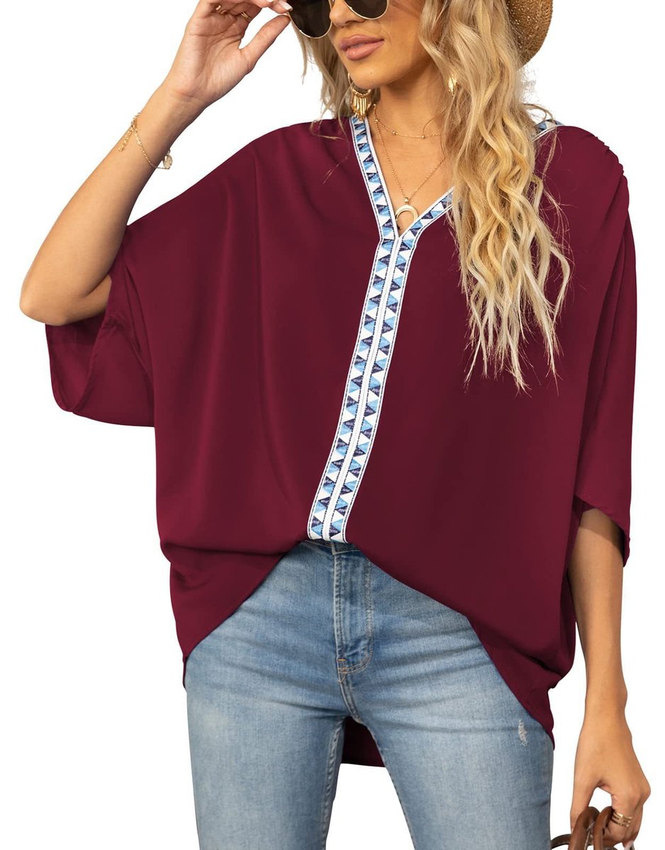 Dames Oversized Tuniek – V-Hals, Geometrische Details, Geschikt voor Casual en Dagelijks Gebruik