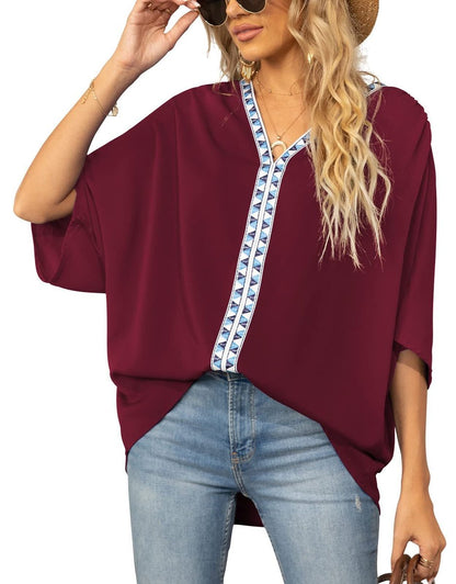 Dames Oversized Tuniek – V-Hals, Geometrische Details, Geschikt voor Casual en Dagelijks Gebruik