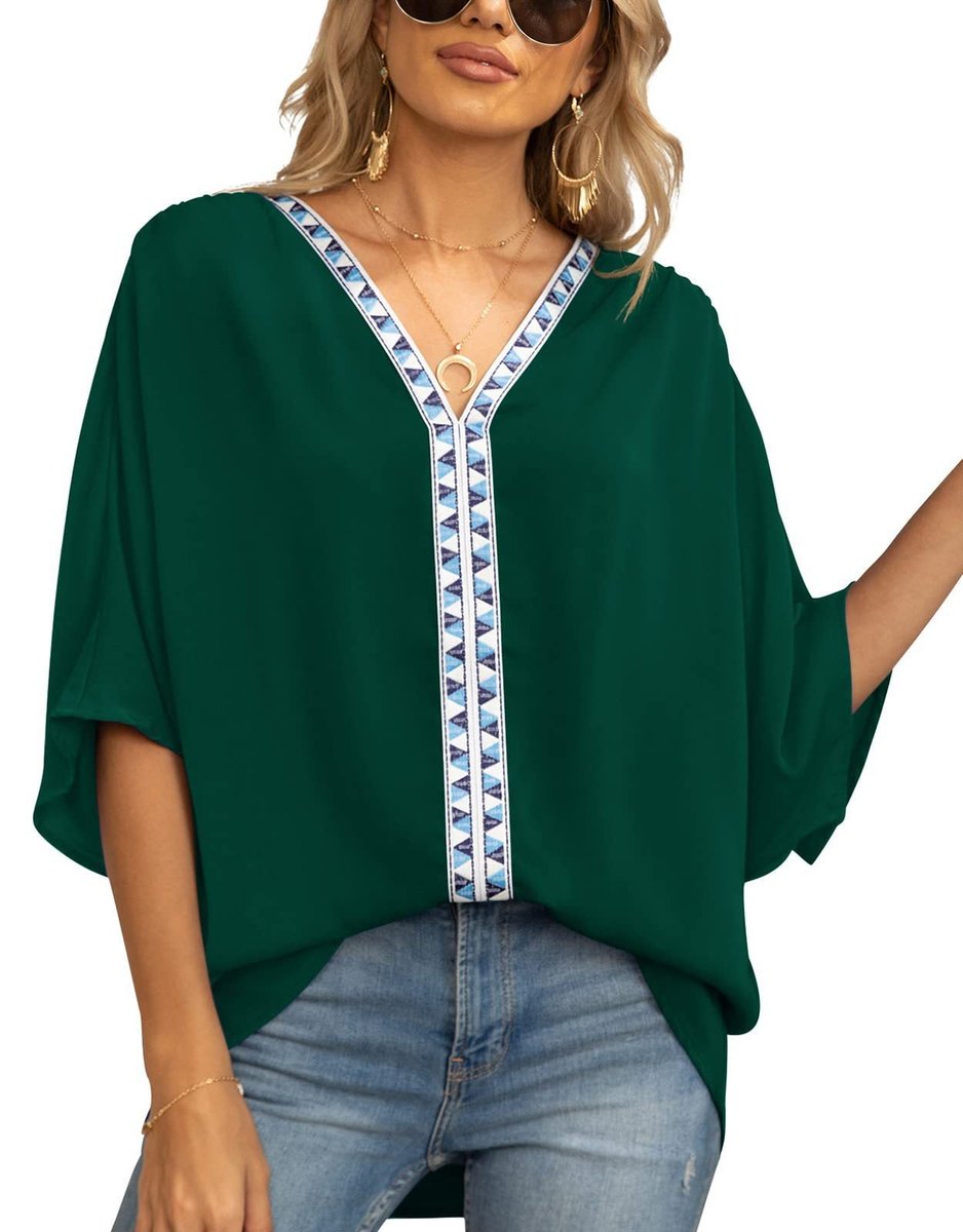 Dames Oversized Tuniek – V-Hals, Geometrische Details, Geschikt voor Casual en Dagelijks Gebruik