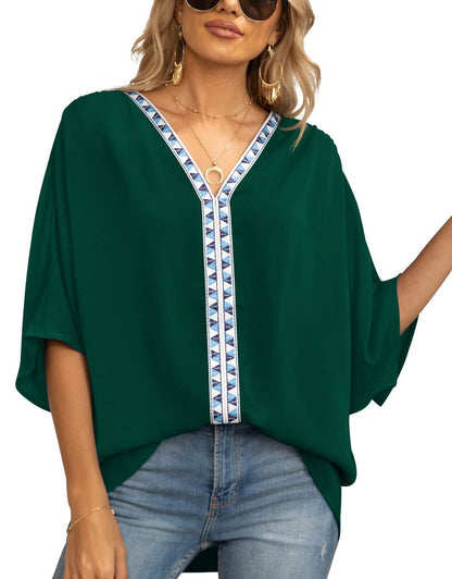 Dames Oversized Tuniek – V-Hals, Geometrische Details, Geschikt voor Casual en Dagelijks Gebruik