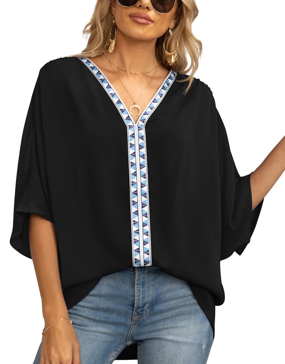 Dames Oversized Tuniek – V-Hals, Geometrische Details, Geschikt voor Casual en Dagelijks Gebruik