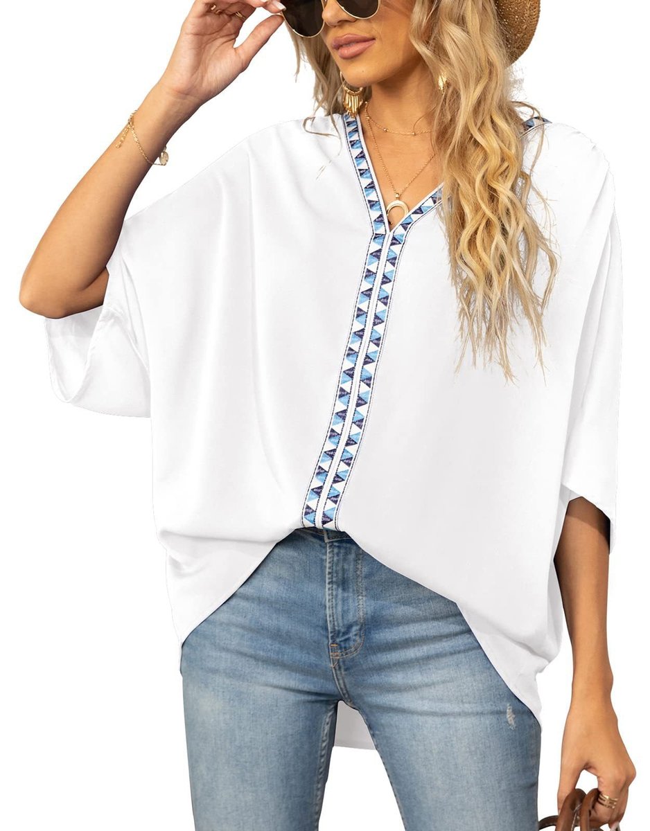 Dames Oversized Tuniek – V-Hals, Geometrische Details, Geschikt voor Casual en Dagelijks Gebruik