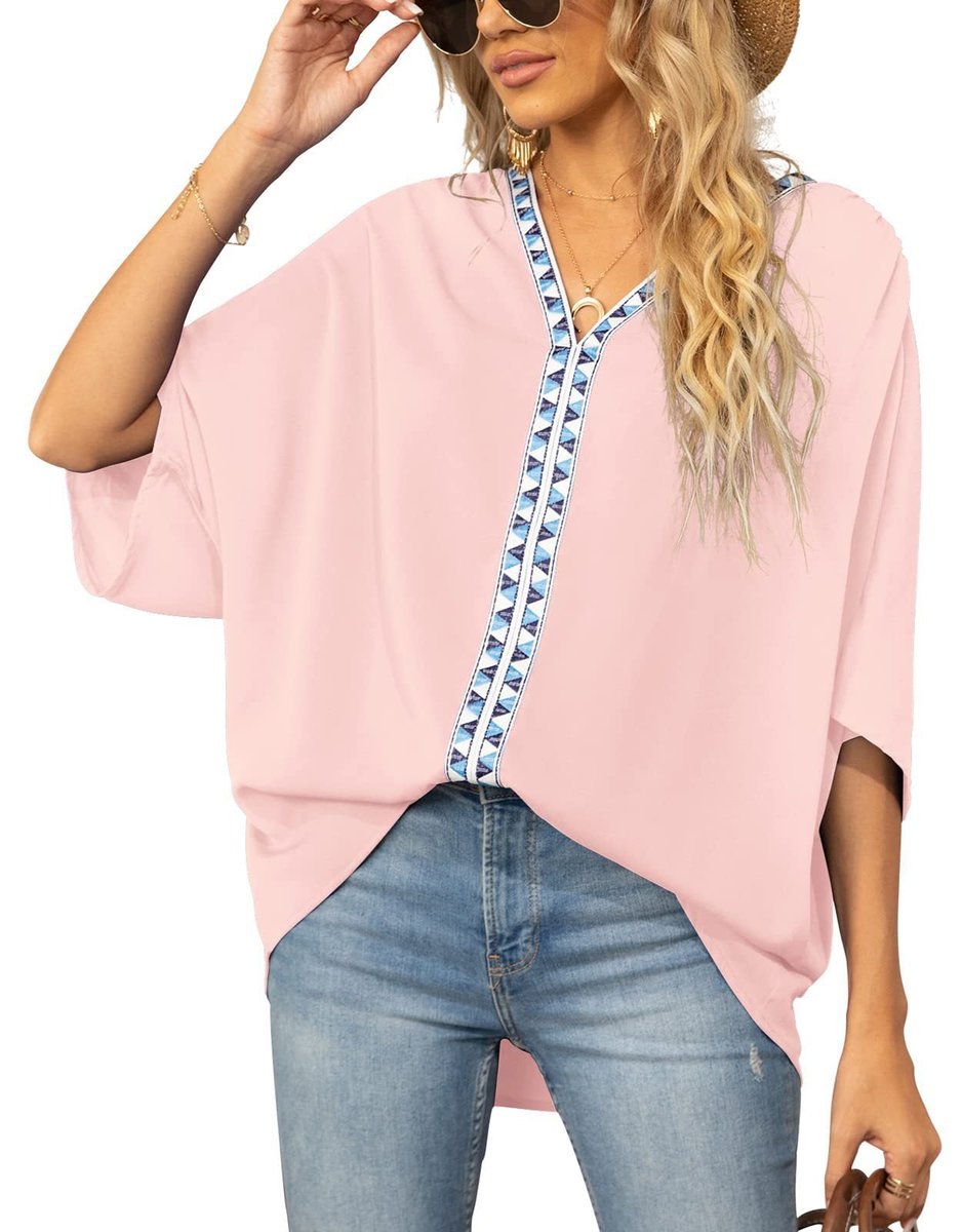 Dames Oversized Tuniek – V-Hals, Geometrische Details, Geschikt voor Casual en Dagelijks Gebruik