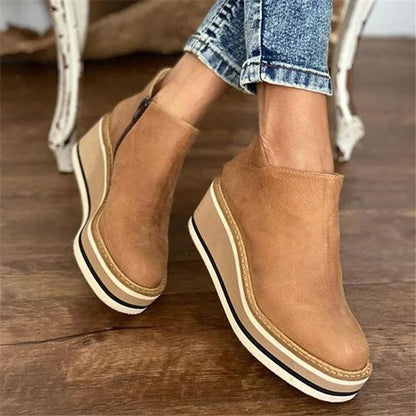 Women's Platform Wedge Zip-Up Leather Ankle Boots - Beige