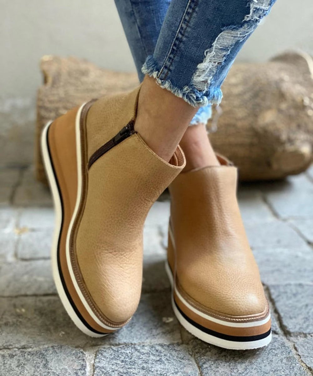 Women's Platform Wedge Zip-Up Leather Ankle Boots - Khaki