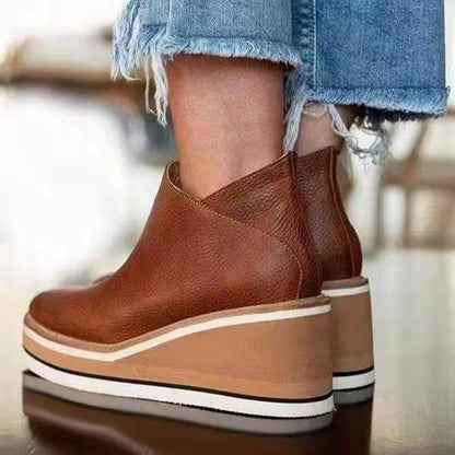 Women's Platform Wedge Zip-Up Leather Ankle Boots