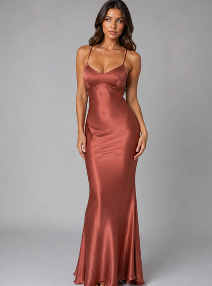 Women's Satin-Feel Bias-Cut Open-Back Maxi Evening Gown - Rust
