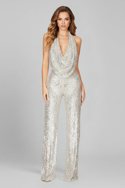 Dames Getailleerd Jumpsuit – Met Halternek en Wijde Pijpen, Geschikt voor Feestelijke Gelegenheden