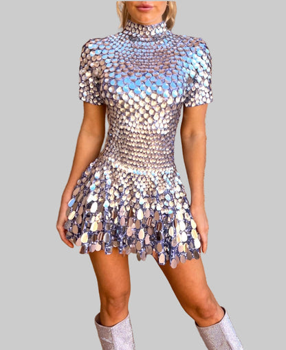 Women's Silver Flared Disc Sequin Dress