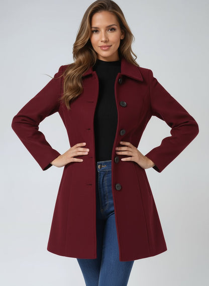 Women's structured Lily winter coat by Christine Brewer, single-breasted midi-length coat with a tailored fit and winter-ready design.