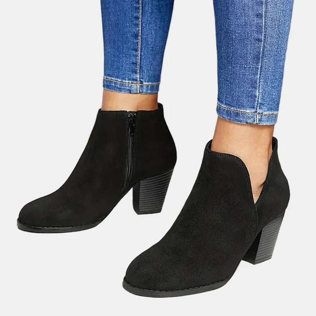 Women's Suede Block-Heel Side-Zip Ankle Boots - Black