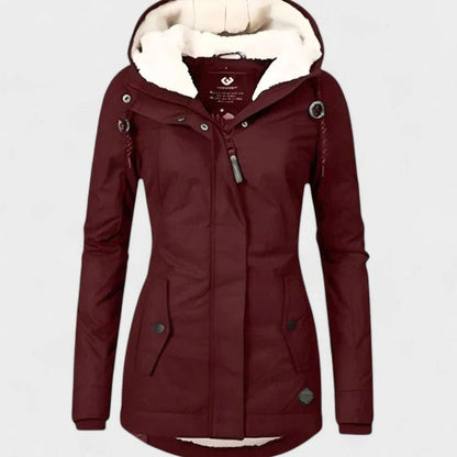 Women's Waterproof Fleece-Lined Hooded Winter Coat - Red