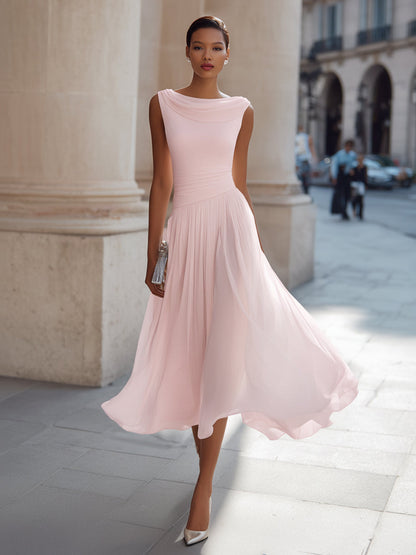 Dorvelli | Women's Midi Dress – Draped Neck Sleeveless - Pink