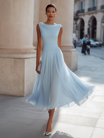 Dorvelli | Women's Midi Dress – Draped Neck Sleeveless - Sky Blue