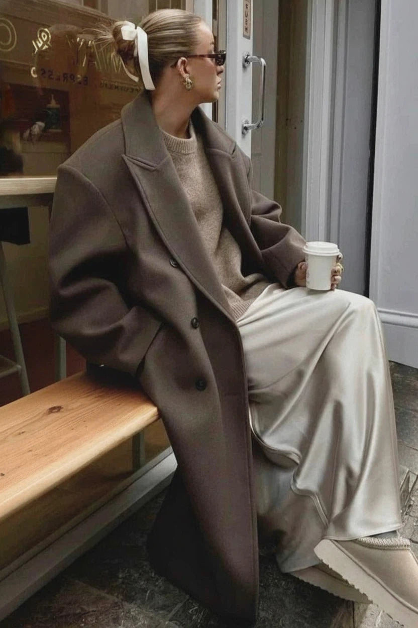 Dames Lange Wollen Jas Dubbelrijs met Reverskraag