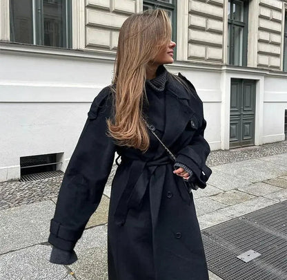 Dames Wollen Trenchcoat Dubbelrijs met Ceintuur en Reverskraag