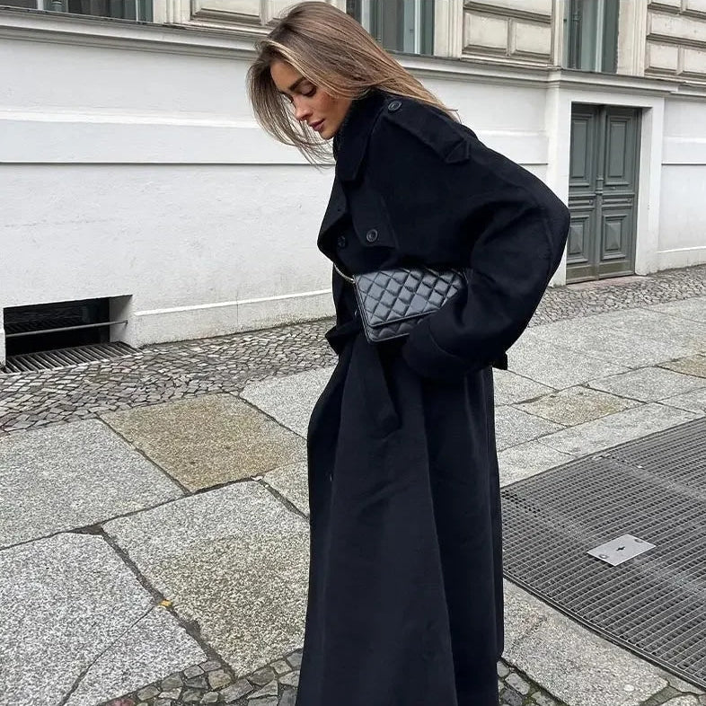 Dames Wollen Trenchcoat Dubbelrijs met Ceintuur en Reverskraag