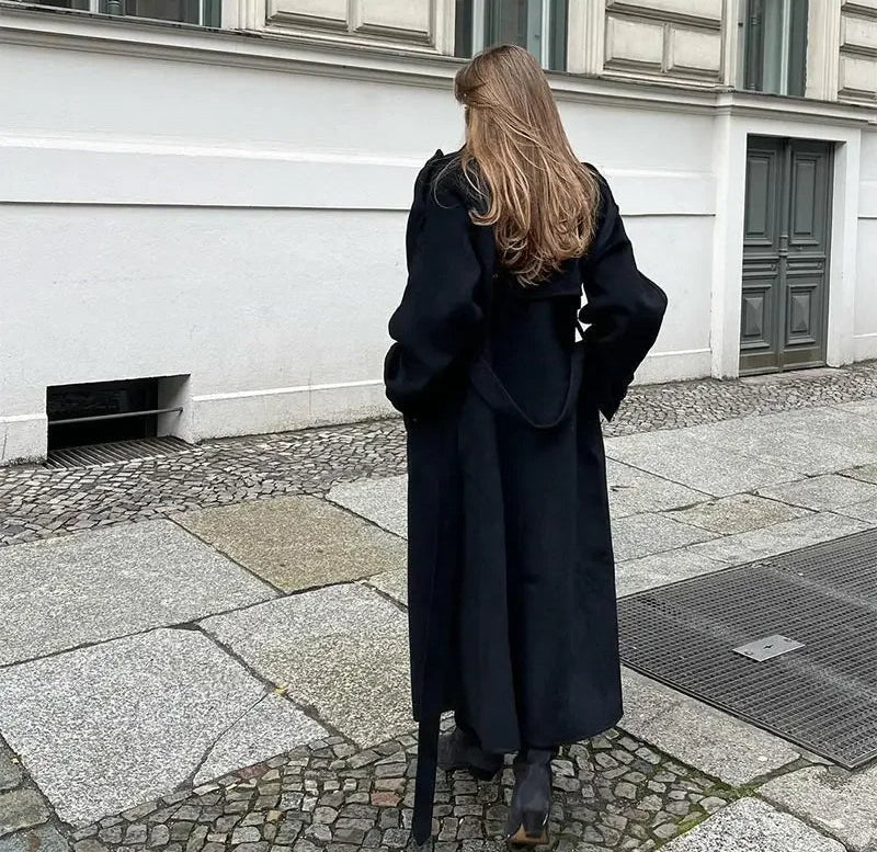 Dames Wollen Trenchcoat Dubbelrijs met Ceintuur en Reverskraag