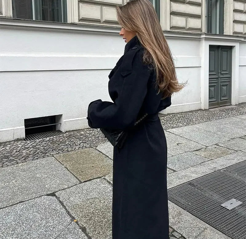Dames Wollen Trenchcoat Dubbelrijs met Ceintuur en Reverskraag