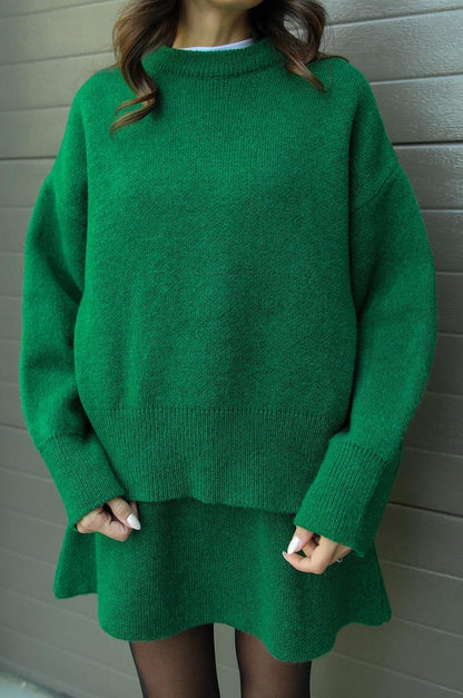 Dames Gebreide Trui en Rok Set - Oversized Pullover met Aansluitende Rok