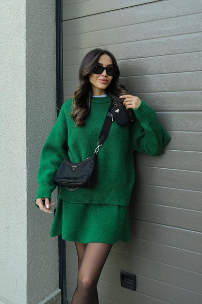 Dames Gebreide Trui en Rok Set - Oversized Pullover met Aansluitende Rok