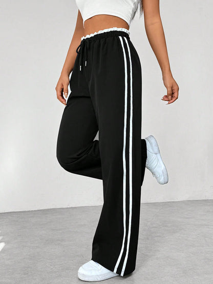 Dames Sportieve High-Waisted Joggingbroek – Zwart met Witte Strepen, Casual Sportkleding voor Vrije Tijd